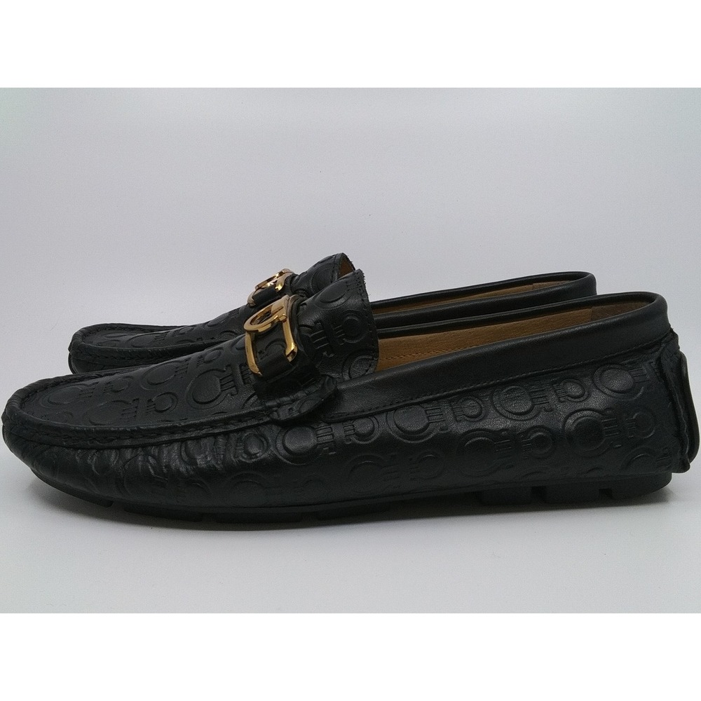 Salvatore Ferragamo Black Gancini Embossed Leather Driving Loafers Gold Bit 46
